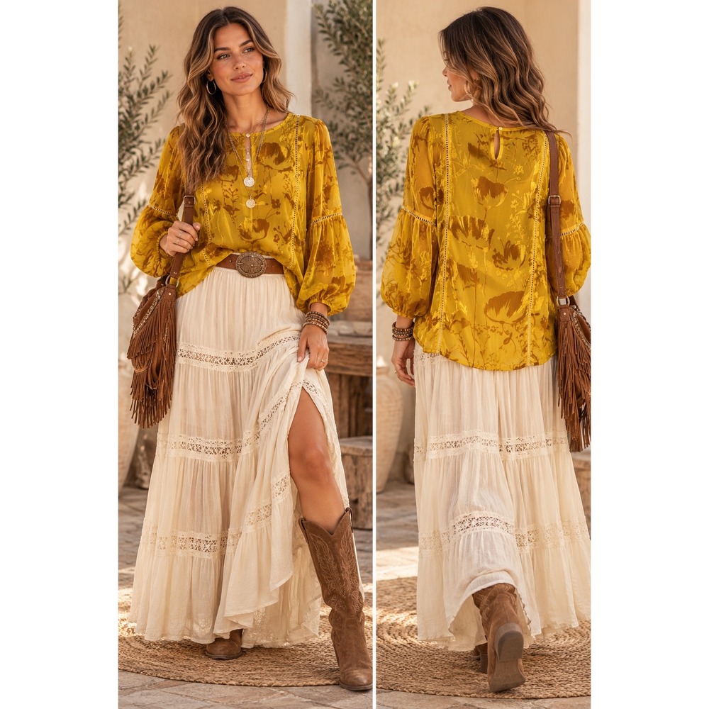 Meadow Rue Anthropologie Mustard Yellow Floral Burnout Velvet Babydoll Blouse 4